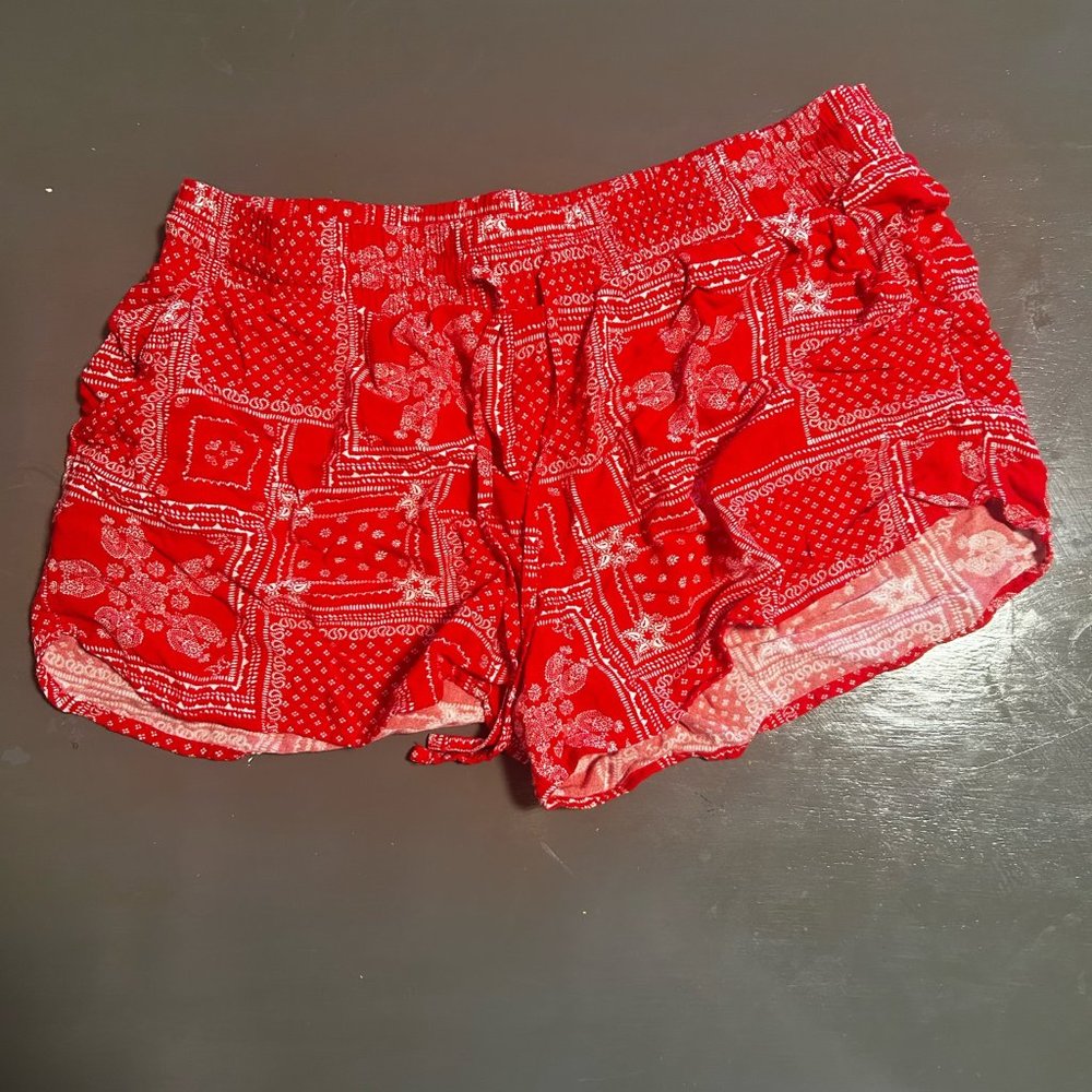 Red and white multi design shorts with ties and pockets